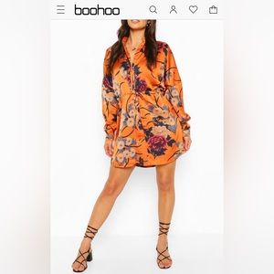 Floral Print Shirt Dress with Drawstring.